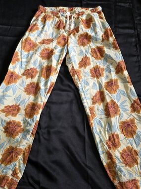 Pact Pants Orange Floral and Soft Blue Leaves Organic Cotton Rope Tie Pockets
